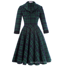 Belle Poque Retro Vintage Grid Pattern 3/4 Sleeve Lapel Collar Swing Party Picnic Dress BP000252-1